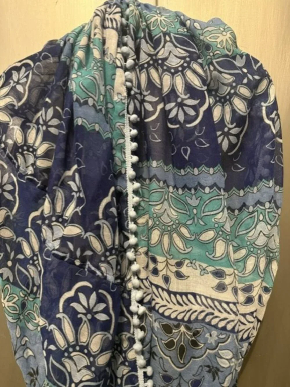Boho Paisley Infinity Scarf with pom poms